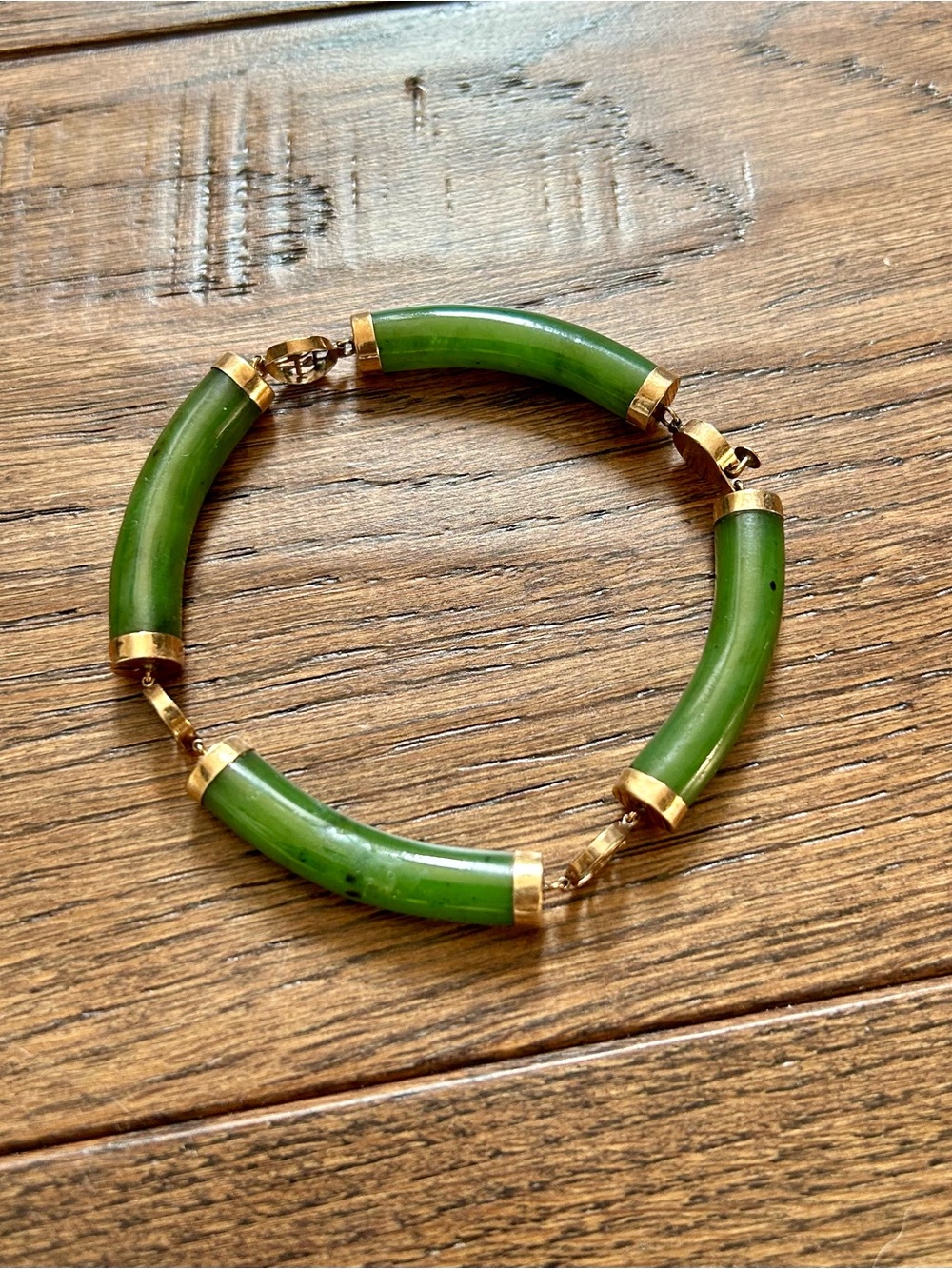 Green Jade Tube Bracelet with Gold Accents - Elegant Women's Jewelry